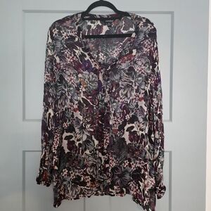 Lucky Brand XL Floral Boho Peasant Blouse Long Sleeve EUC